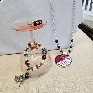 SET! Garnet 925 Ring with Stretchy Glass Bead Bracelet and Beaded Necklace
